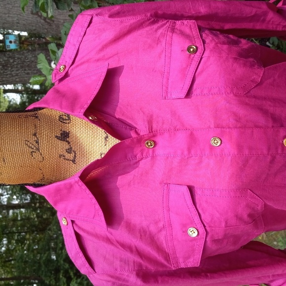 Tory Burch Brigitte Pink Purple Long Sleeve Roll Tab Button Up Blouse - Picture 3 of 14